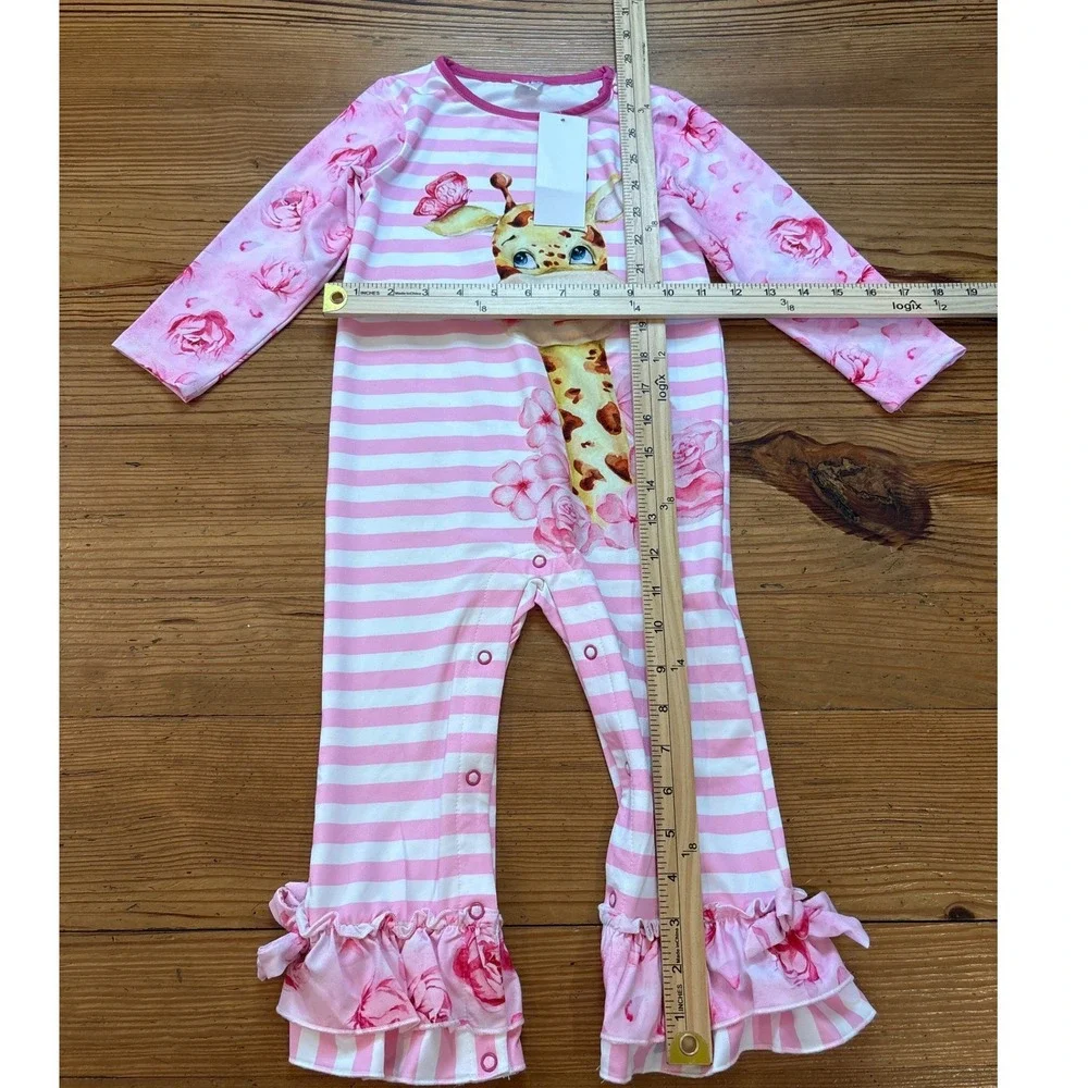 Penelope Plumm Romper Kids Pink Giraffe Floral Ruffle Bell Bottom SIZE‎ 2T NWT